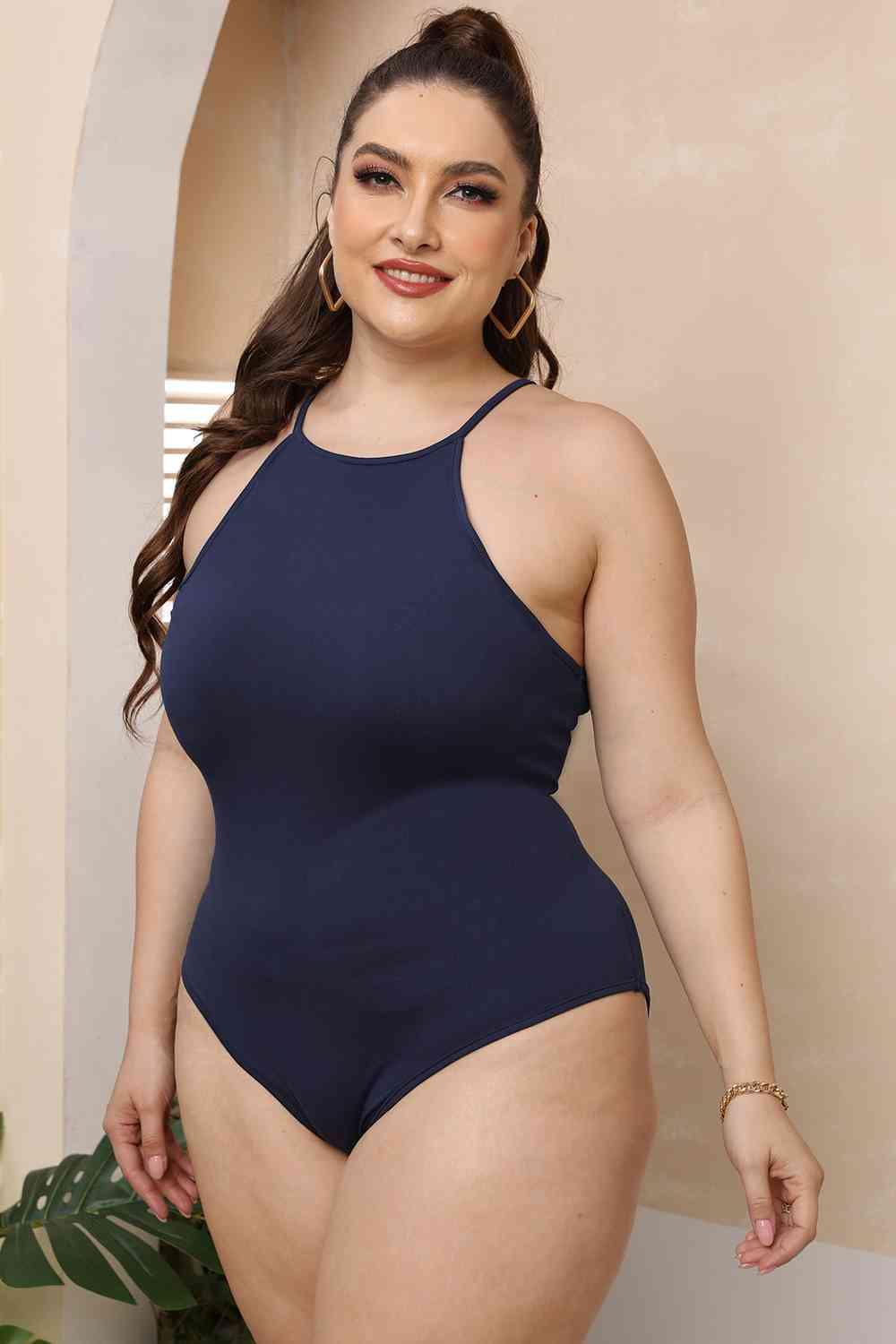 Plus Size Halter Neck Spaghetti Strap Bodysuit - Chic Yana's Fashion