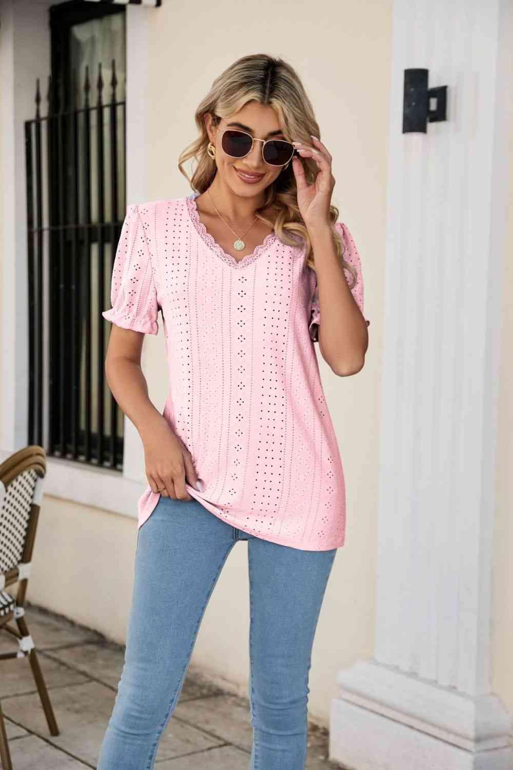 Eyelet Flounce Sleeve Scalloped V Neck Top - Chic Yana's Fashion