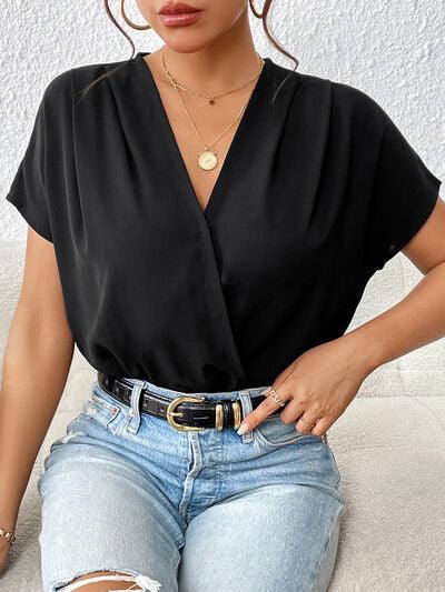 Perfee Surplice Short Sleeve Ruched Bodysuit - Chic Yana's Fashion