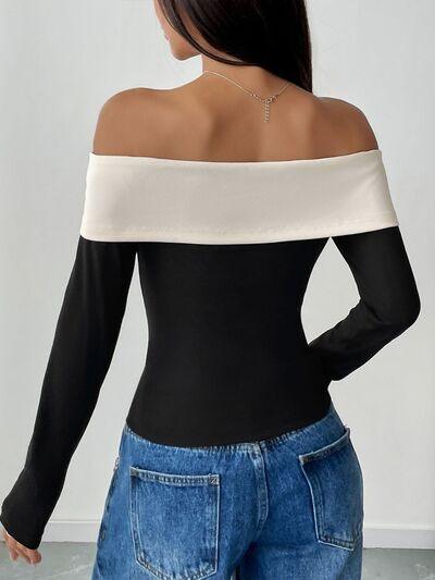 Perfee Bow Contrast Off Shoulder Long Sleeve Top - Chic Yana's Fashion