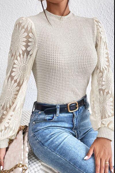 Mock Neck Lace Long Sleeve Top - Chic Yana's Fashion