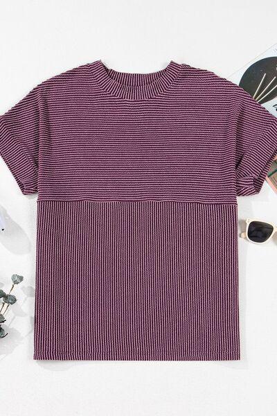 Corded Knit Mock Neck Short Sleeve T Shirt - Chic Yana's Fashion