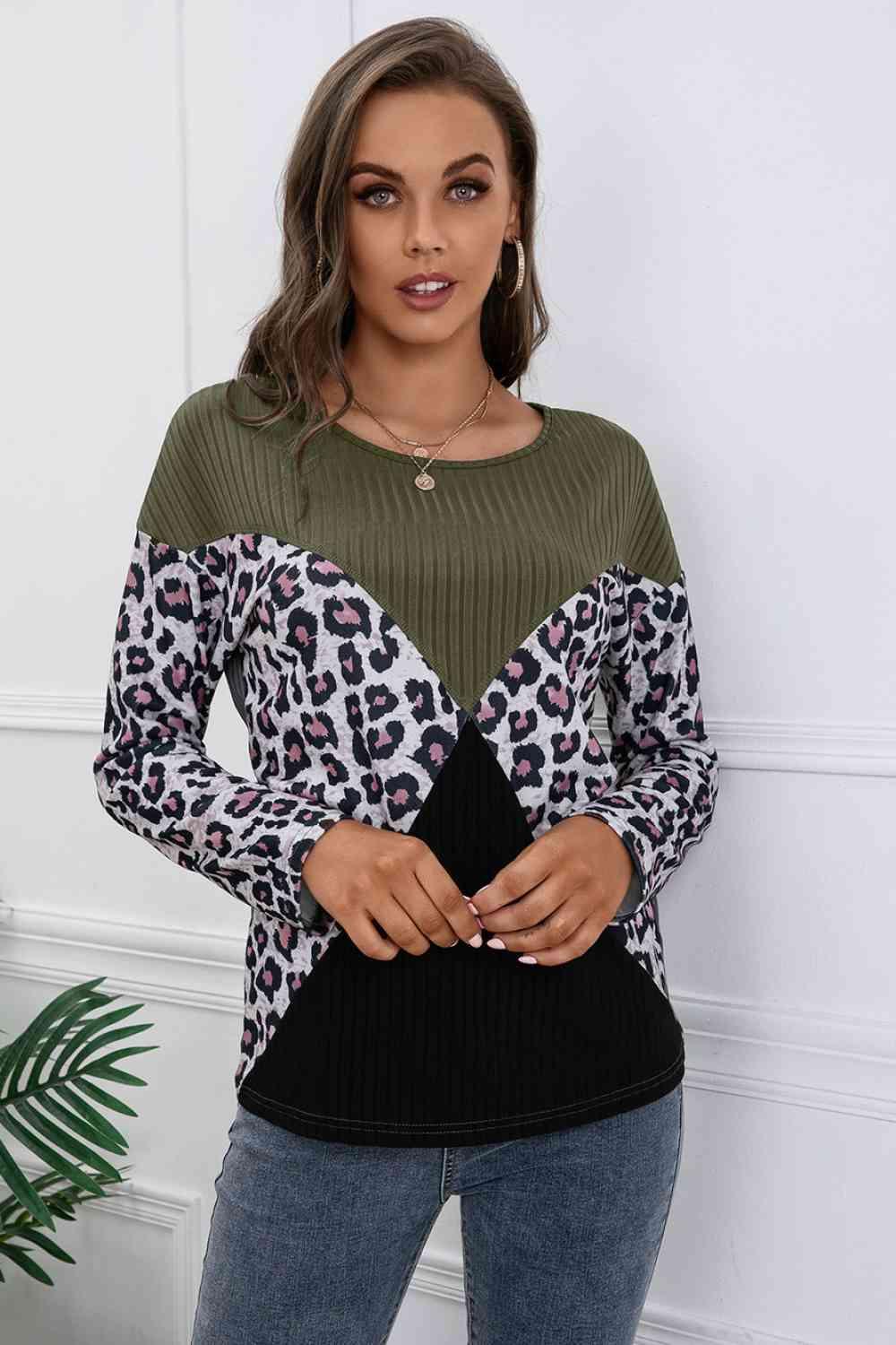 Ivy Lane Leopard Patch Color Block Ribbed Top - Chic Yana's Fashion