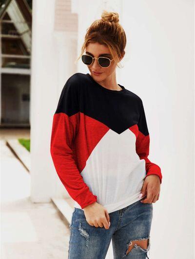 Color Block Round Neck Long Sleeve Top - Chic Yana's Fashion