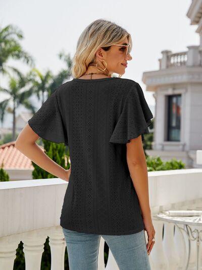 Mandy Eyelet Round Neck Flutter Sleeve Top - Chic Yana's Fashion