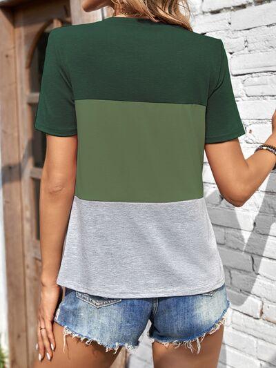 Color Block Round Neck Short Sleeve T Shirt 2 - Chic Yana's Fashion
