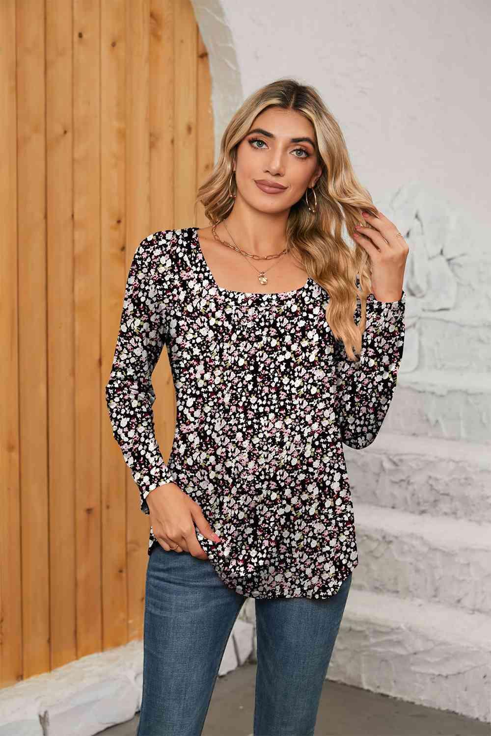 Printed Square Neck Long Sleeve Blouse - Chic Yana's Fashion