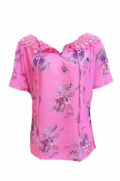 Full Size Printed Tie Neck Short Sleeve Blouse - Chic Yana's Fashion