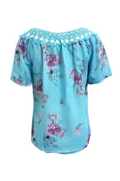 Full Size Printed Tie Neck Short Sleeve Blouse - Chic Yana's Fashion