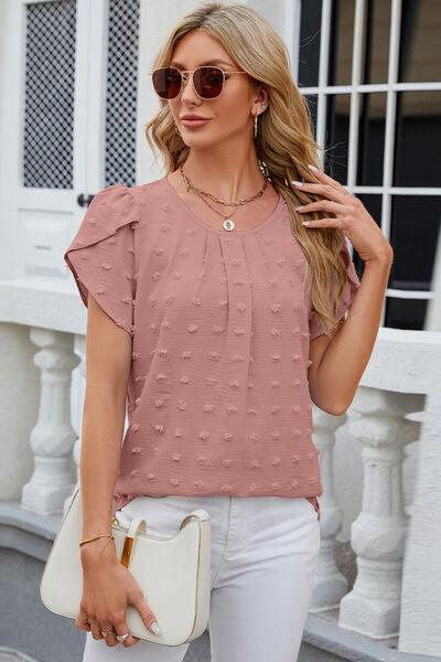 Swiss Dot Round Neck Petal Sleeve Blouse - Chic Yana's Fashion