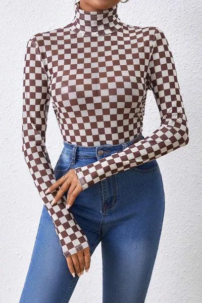 Checkered Turtleneck Long Sleeve Bodysuit - Chic Yana's Fashion