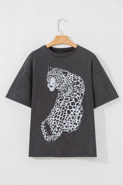 Cheetah Mineral Wash Round Neck Half Sleeve T Shirt - Chic Yana's Fashion