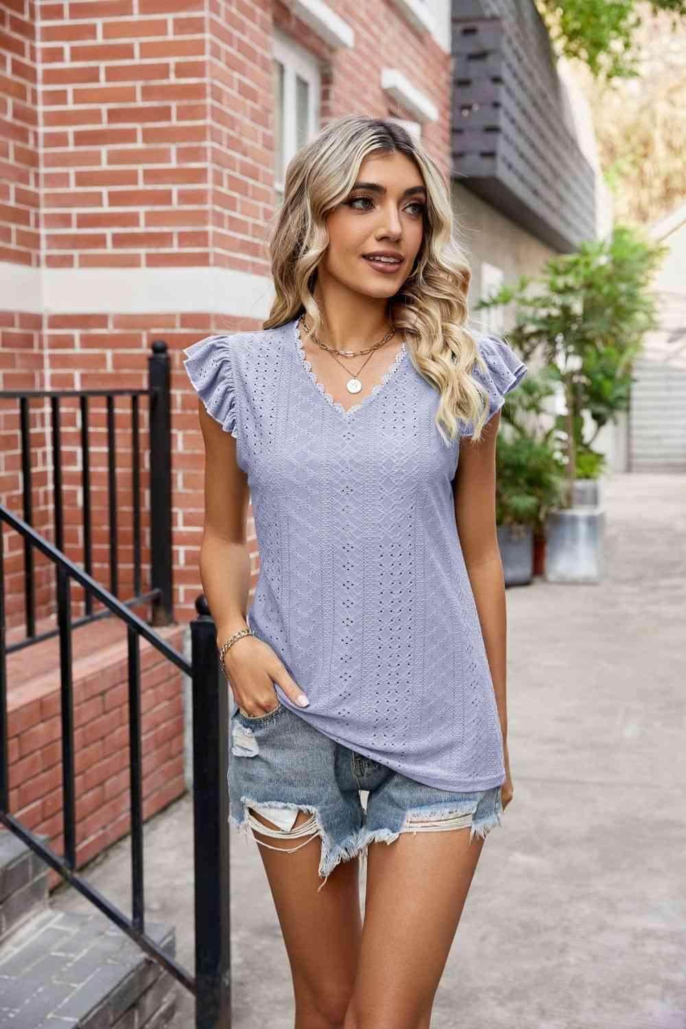 Eyelet Flutter Sleeve Scalloped V Neck Top - Chic Yana's Fashion