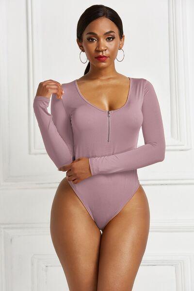 Half Zip Scoop Neck Long Sleeve Bodysuit - Chic Yana's Fashion