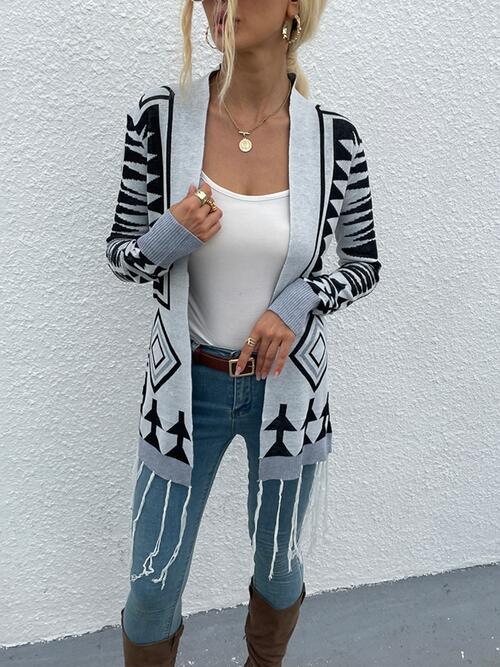 Shiny Geometric Fringe Hem Open Front Cardigan - Chic Yana's Fashion