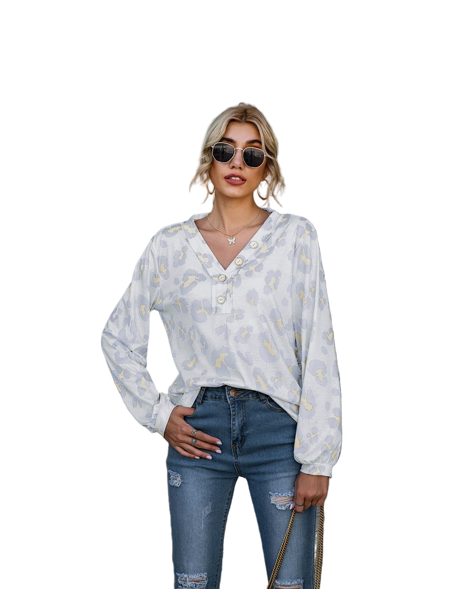 Chic Yana Fashion Leopard Print V-Neck Long Sleeve Women's T Shirt