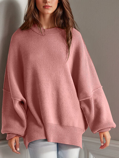 Double Take Side Slit Round Neck Long Sleeve Sweater - Chic Yana's Fashion