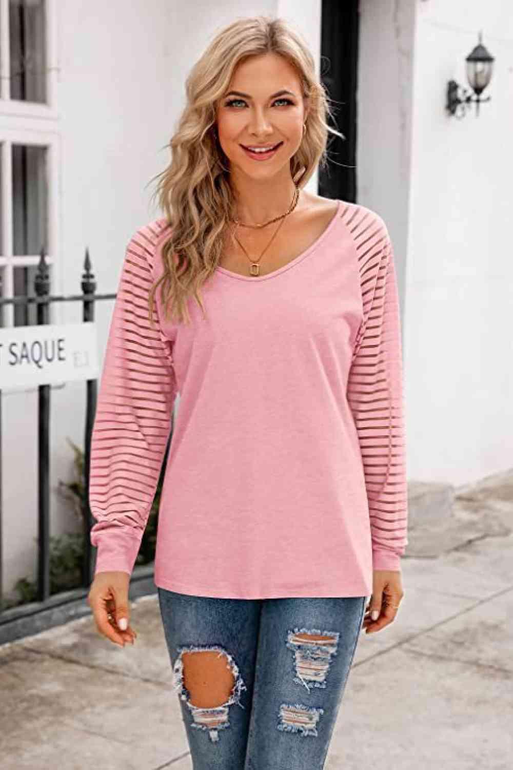 V Neck Long Raglan Sleeve Top - Chic Yana's Fashion