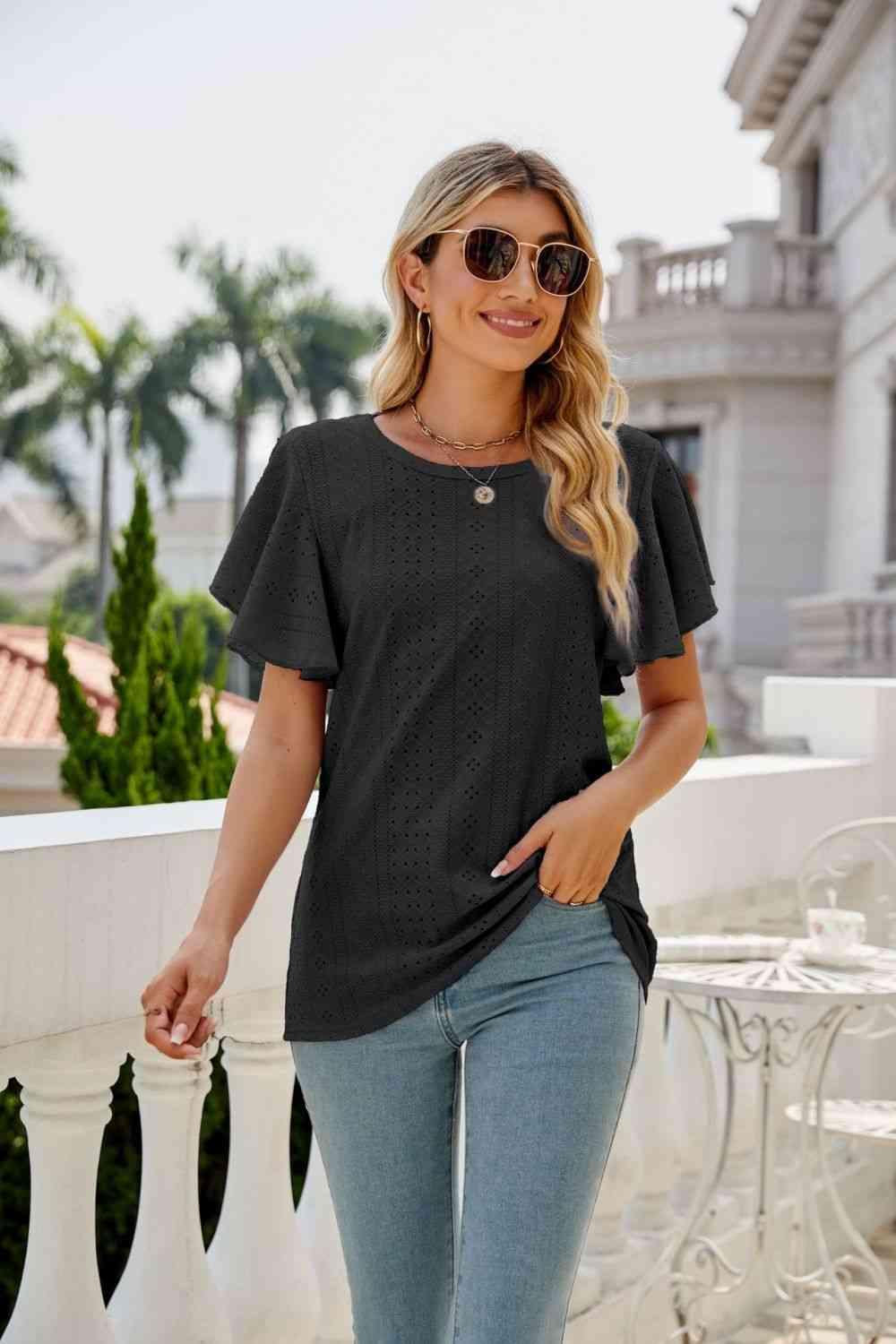 Eyelet Flutter Sleeve Round Neck Top - Chic Yana's Fashion