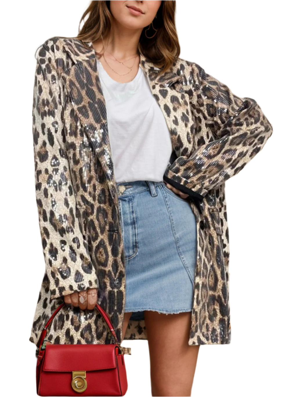 Model wearing Leopard Lapel Collar Long Sleeve Longline Blazer – A trendy and elegant Outerwear.