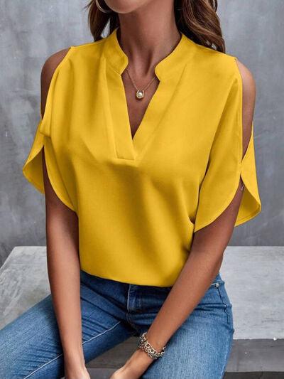 Notched Cold Shoulder Half Sleeve Blouse - Chic Yana's Fashion