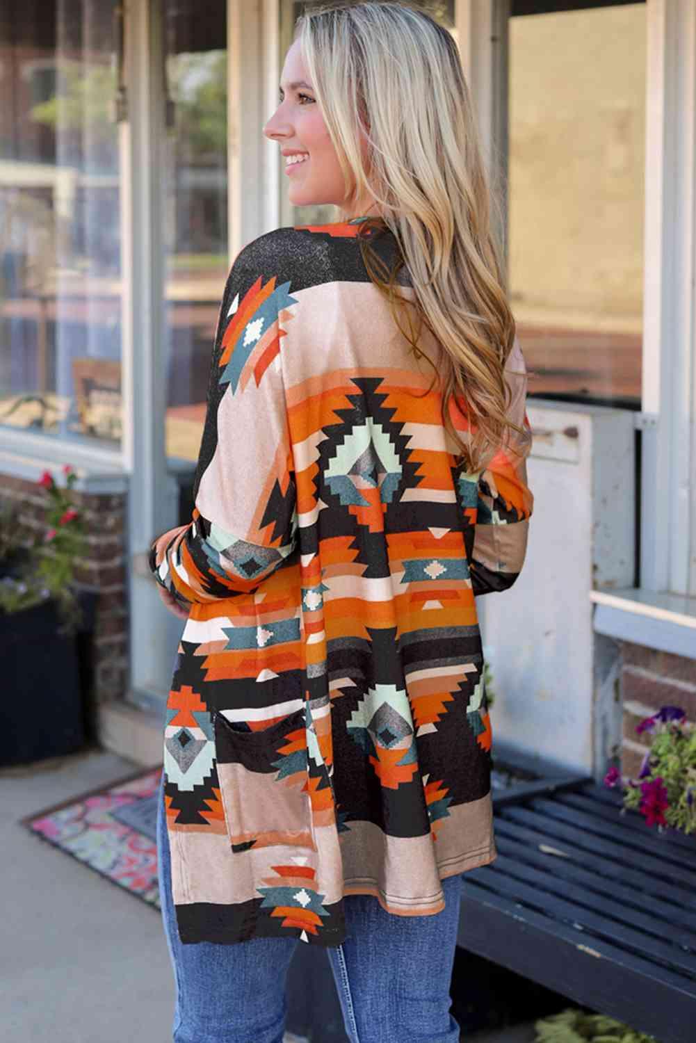 Geometric Open Front Long Sleeve Cardigan With Pockets - Chic Yana's Fashion