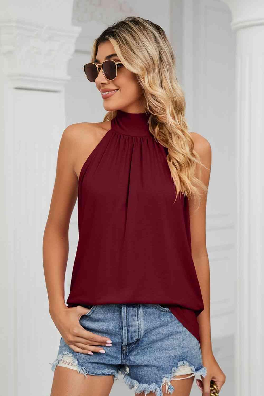 Gathered Detail Tied Sleeveless Top - Chic Yana's Fashion