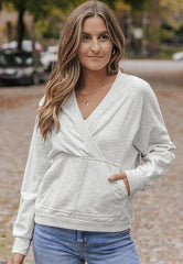 Surplice Long Sleeve Sweatshirt With Pocket - Chic Yana's Fashion