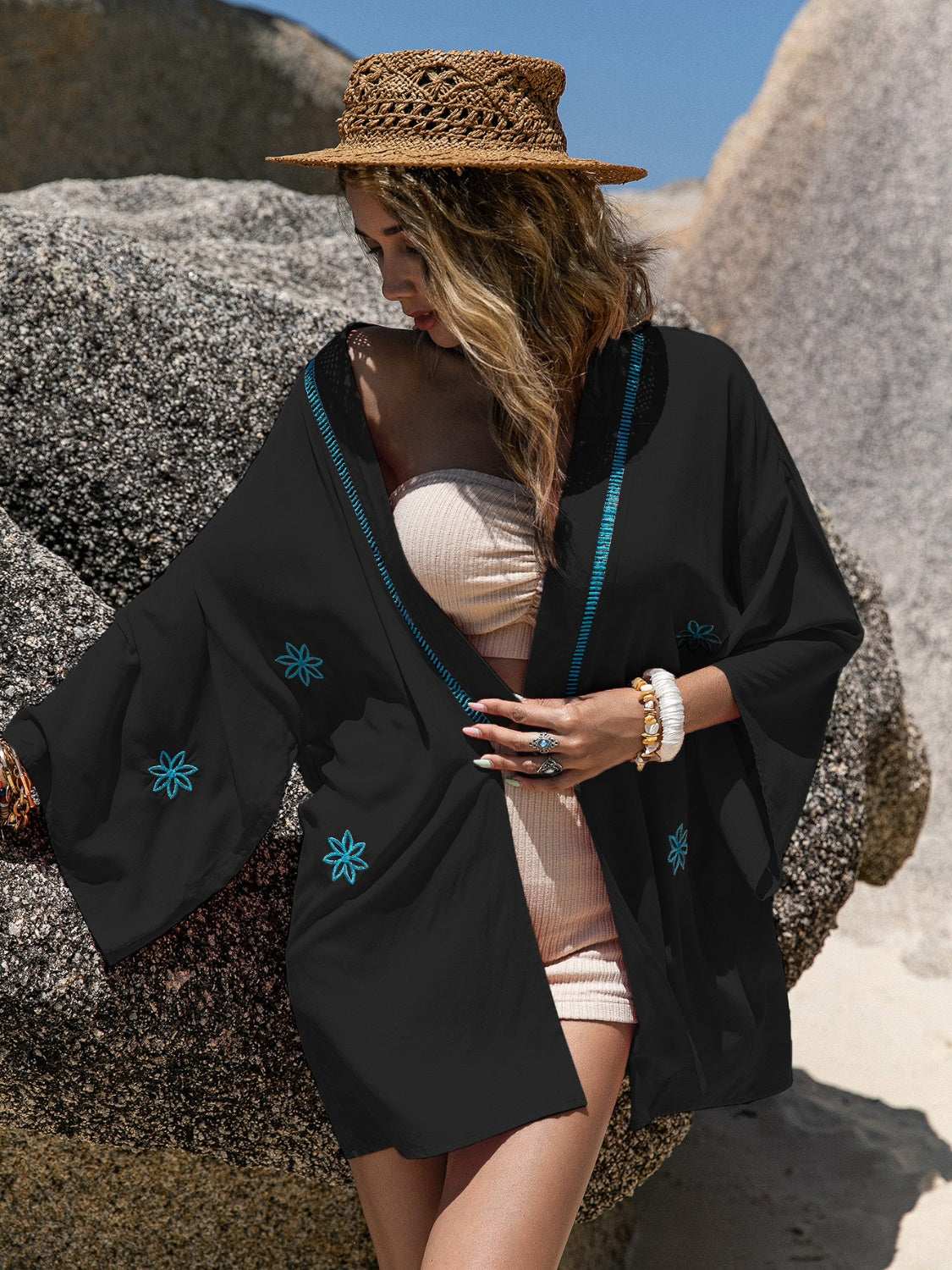 Embroidered Open Front Long Sleeve Cover Up - Stylish and Trendy Women's Fashion from Chic Yana's Fashion