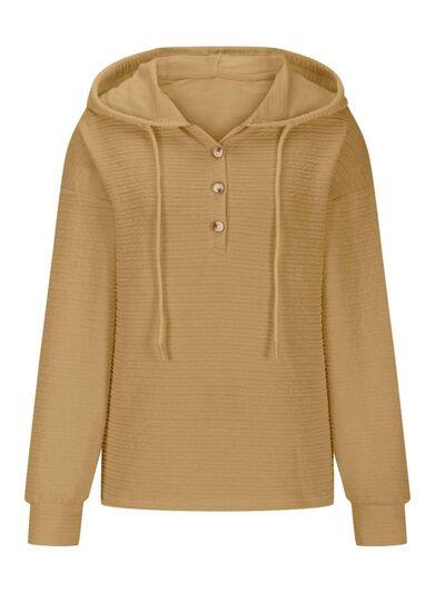 Drawstring Quarter Button Long Sleeve Hoodie - Chic Yana's Fashion