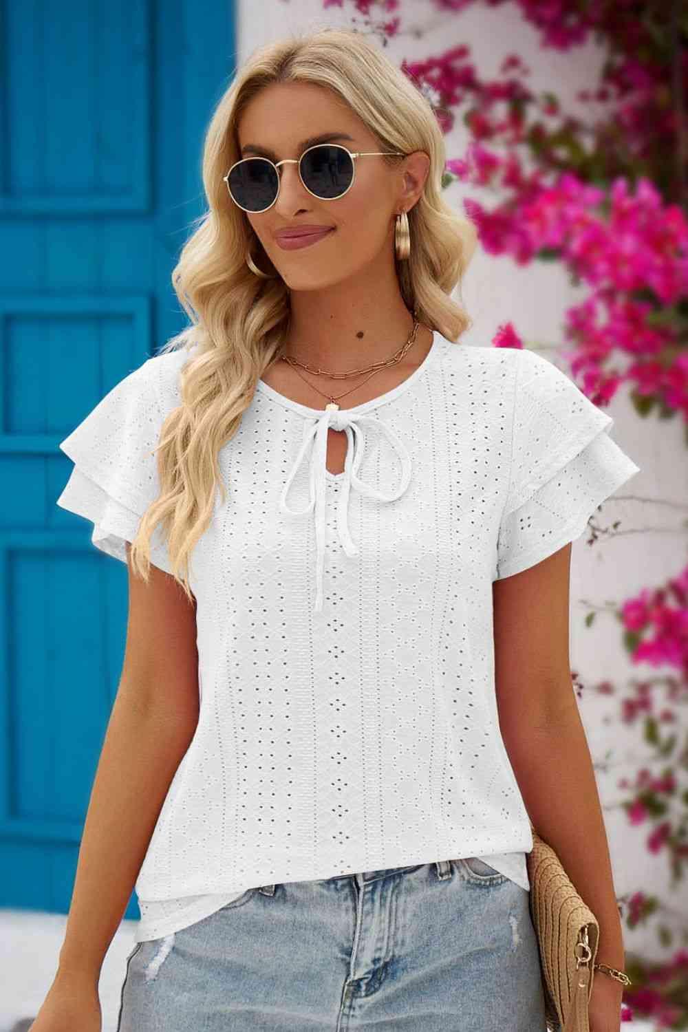 Mandy Eyelet Tie Neck Flutter Sleeve Blouse - Chic Yana's Fashion