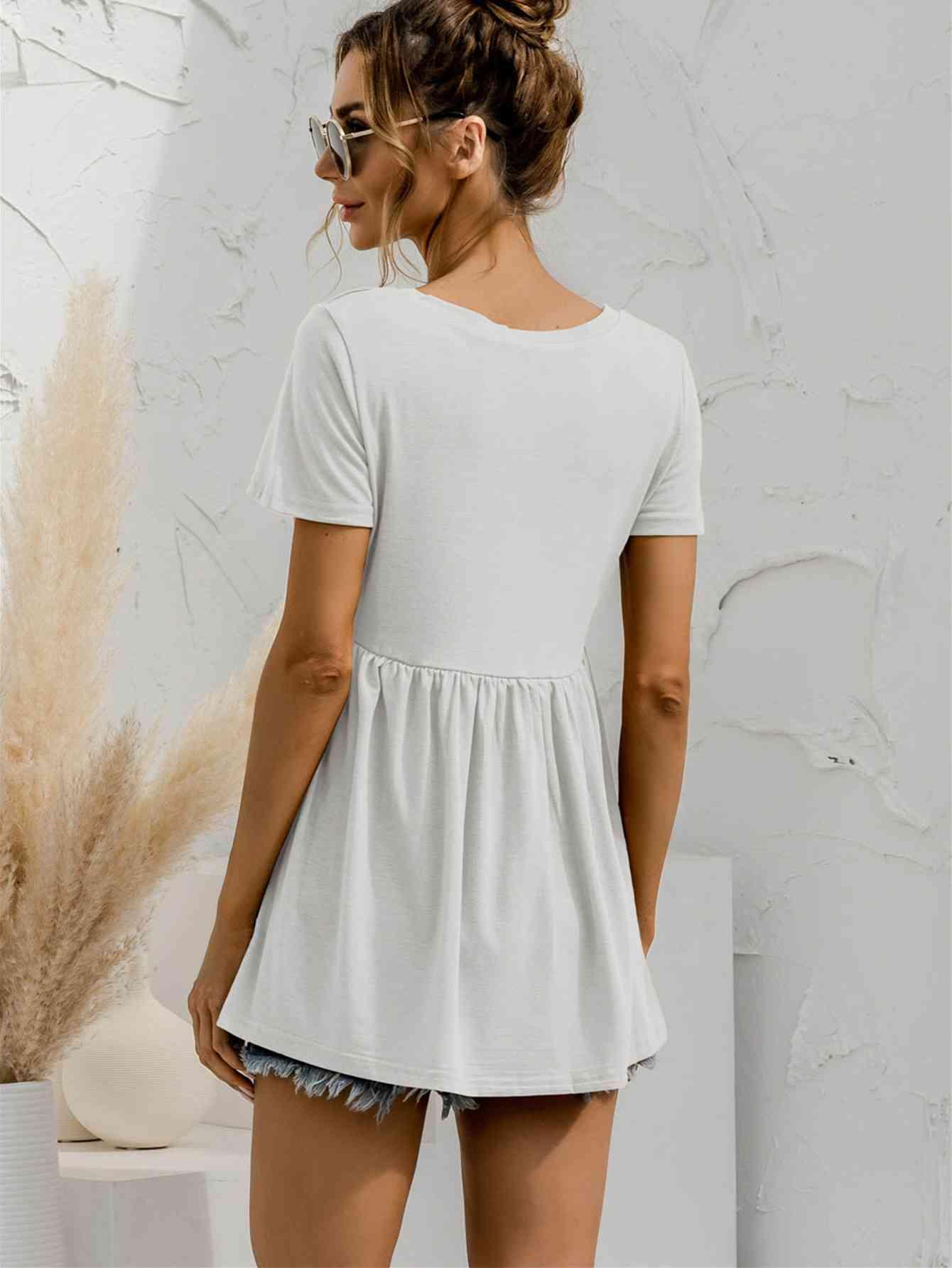 V Neck Short Sleeve Babydoll Top - Chic Yana's Fashion