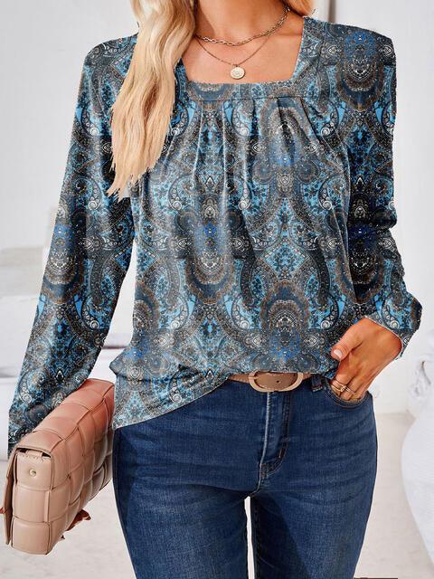 Full Size Square Neck Long Sleeve Blouse - Chic Yana's Fashion