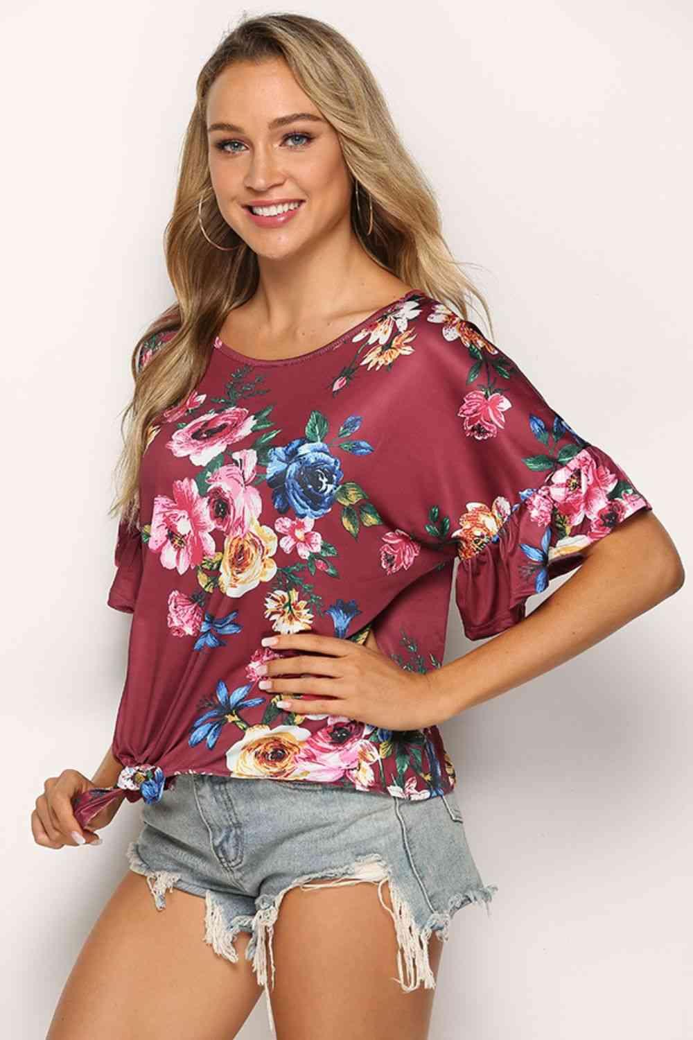 Shiny Floral Tie Hem Flounce Sleeve Top - Chic Yana's Fashion