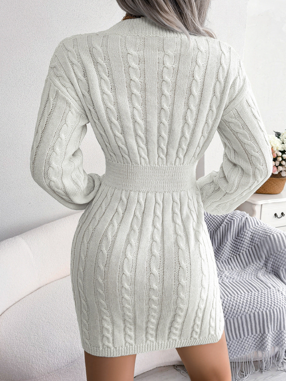 Chic Yana Fashion V-Neck Long Sleeve Knit Dress