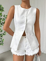 Button Down Round Neck Vest - Chic Yana's Fashion