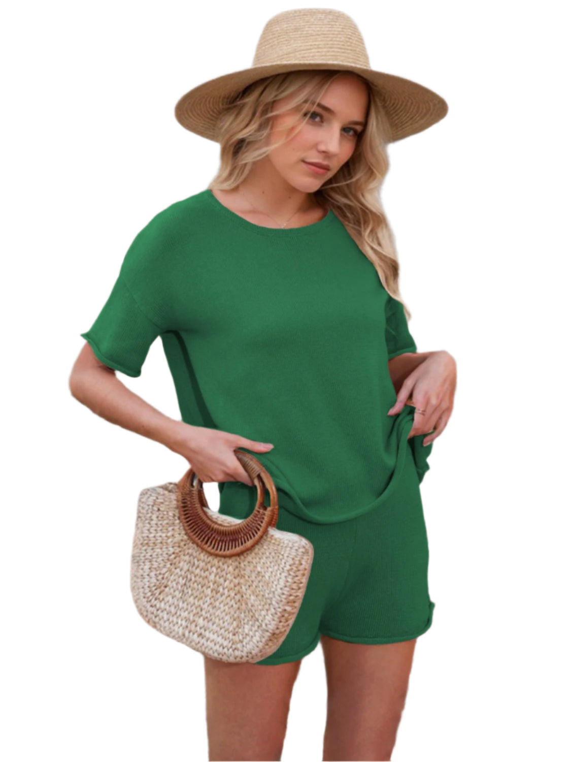 Round Neck Short Sleeve Top and Shorts Sweater Set - Shop Now at Chic Yana's Fashion