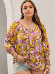 Plus Size Printed Tie Neck Blouse - Chic Yana's Fashion