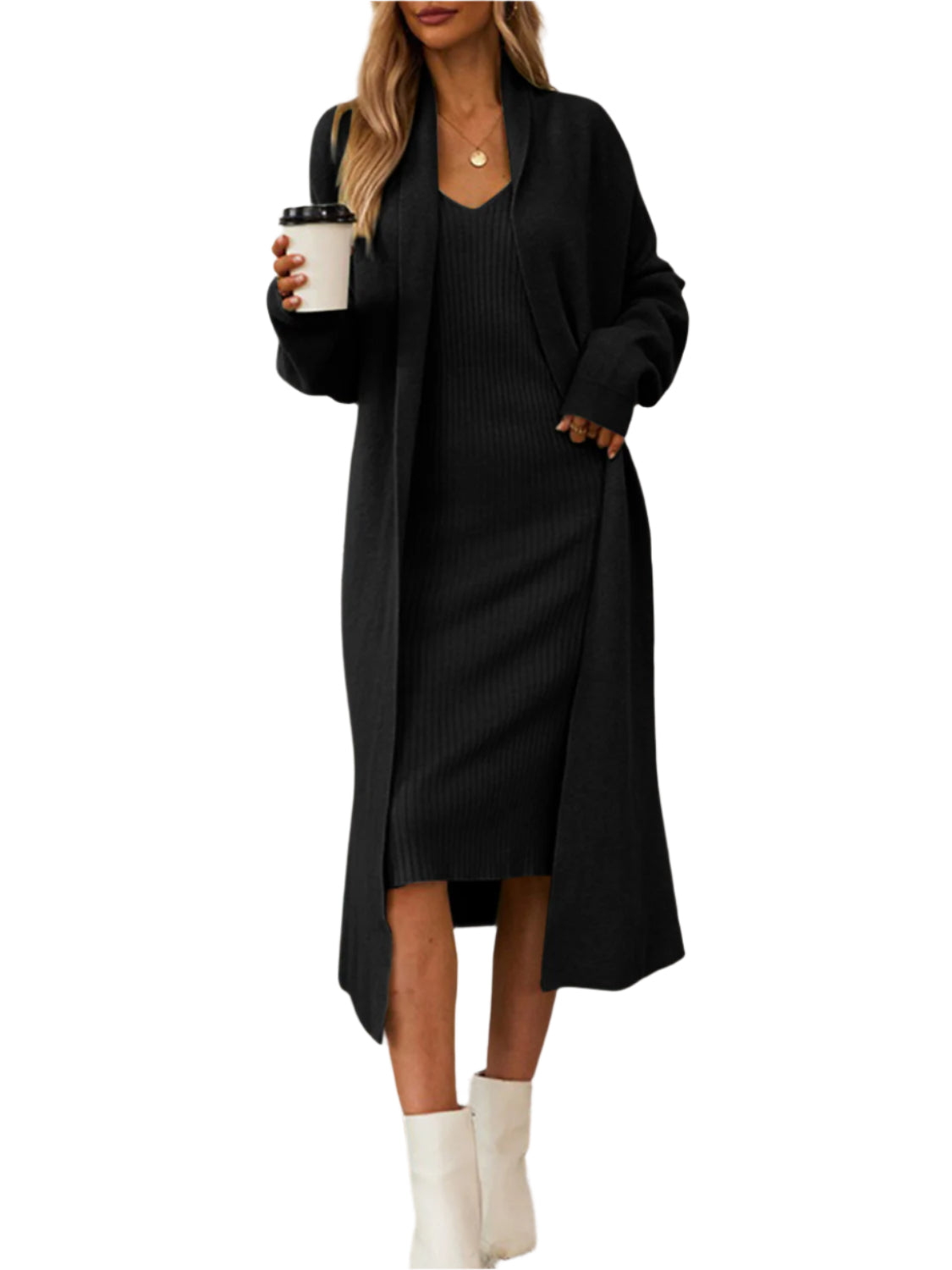 V-Neck Cami Dress and Open Front Cardigan Sweater Set - Shop Now at Chic Yana's Fashion