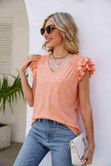 Smocked Flutter Sleeve V Neck Top - Chic Yana's Fashion