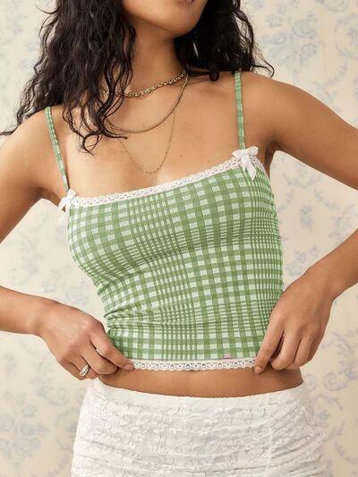 Lace Detail Plaid Square Neck Cami - Chic Yana's Fashion