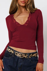 Lace Detail V Neck Long Sleeve T Shirt - Chic Yana's Fashion