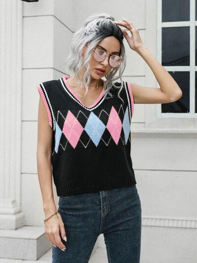 Geometric V Neck Sweater Vest 1 - Chic Yana's Fashion