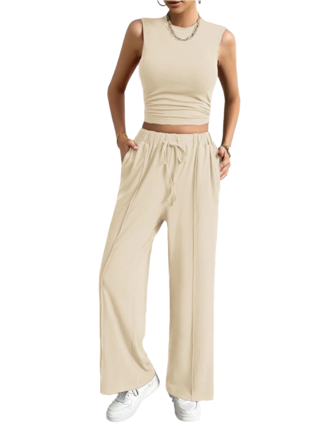 Devine Mock Neck Sleeveless Top and Drawstring Pants Set – Chic Yana’s Fashion