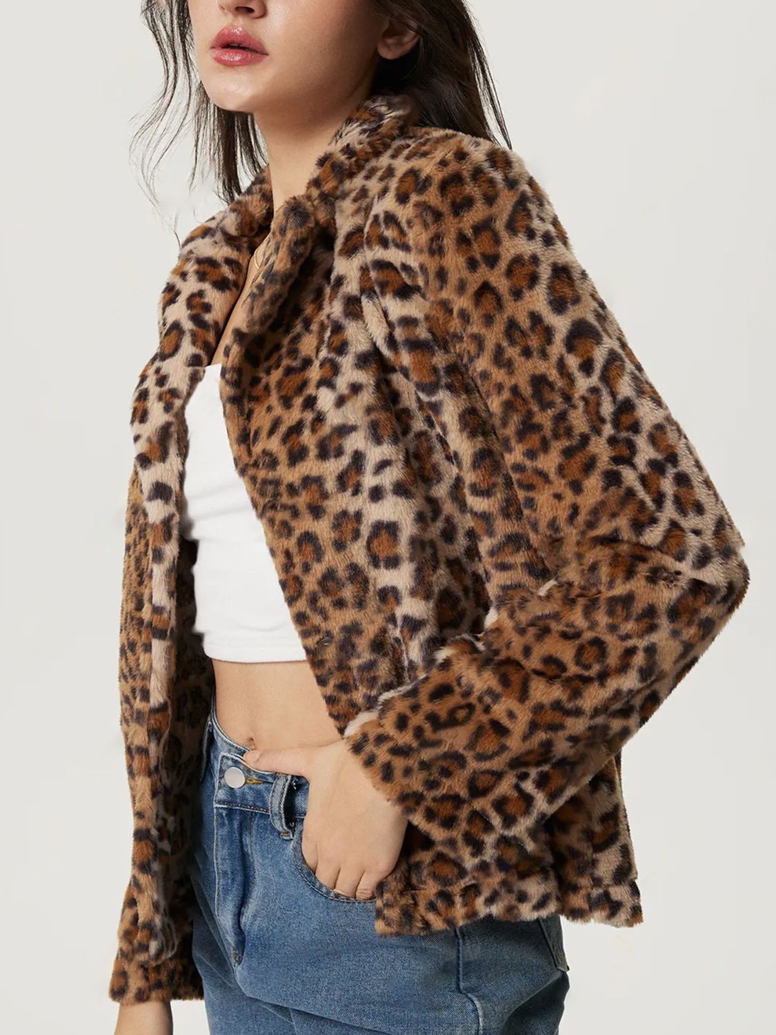 Modern and sleek, the Fuzzy Leopard Collared Neck Jacket enhances any wardrobe effortlessly.