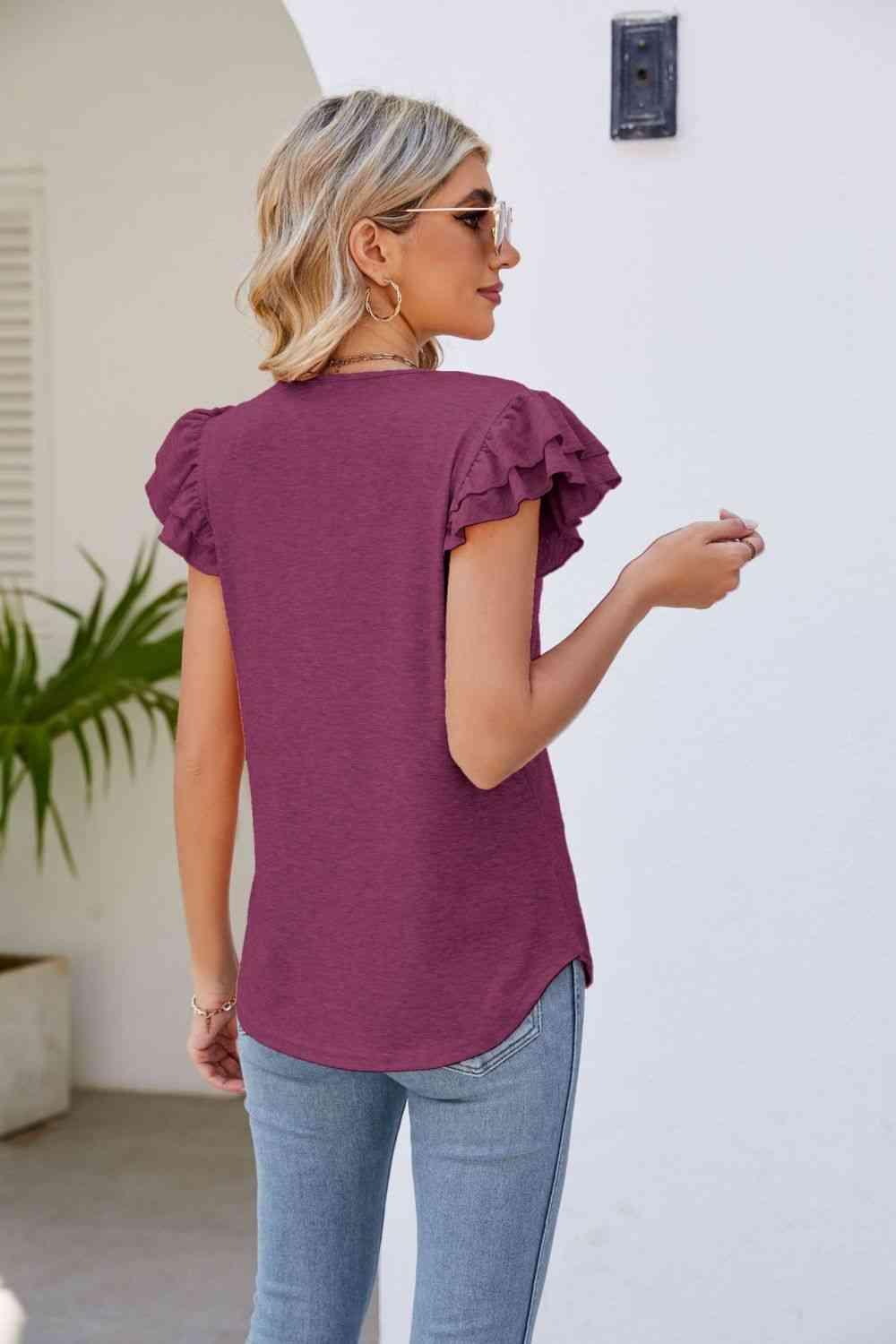 Smocked Flutter Sleeve V Neck Top - Chic Yana's Fashion