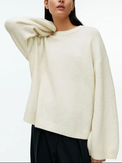 Round Neck Drop Shoulder Sweater - Chic Yana's Fashion