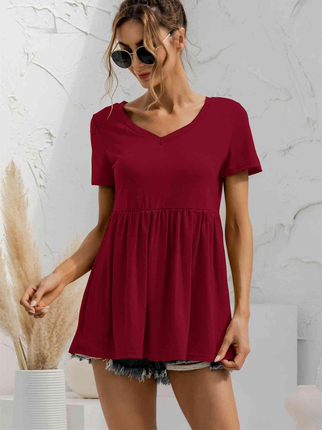 V Neck Short Sleeve Babydoll Top - Chic Yana's Fashion