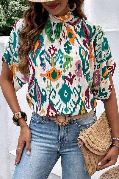 Printed Mock Neck Half Sleeve Blouse - Chic Yana's Fashion