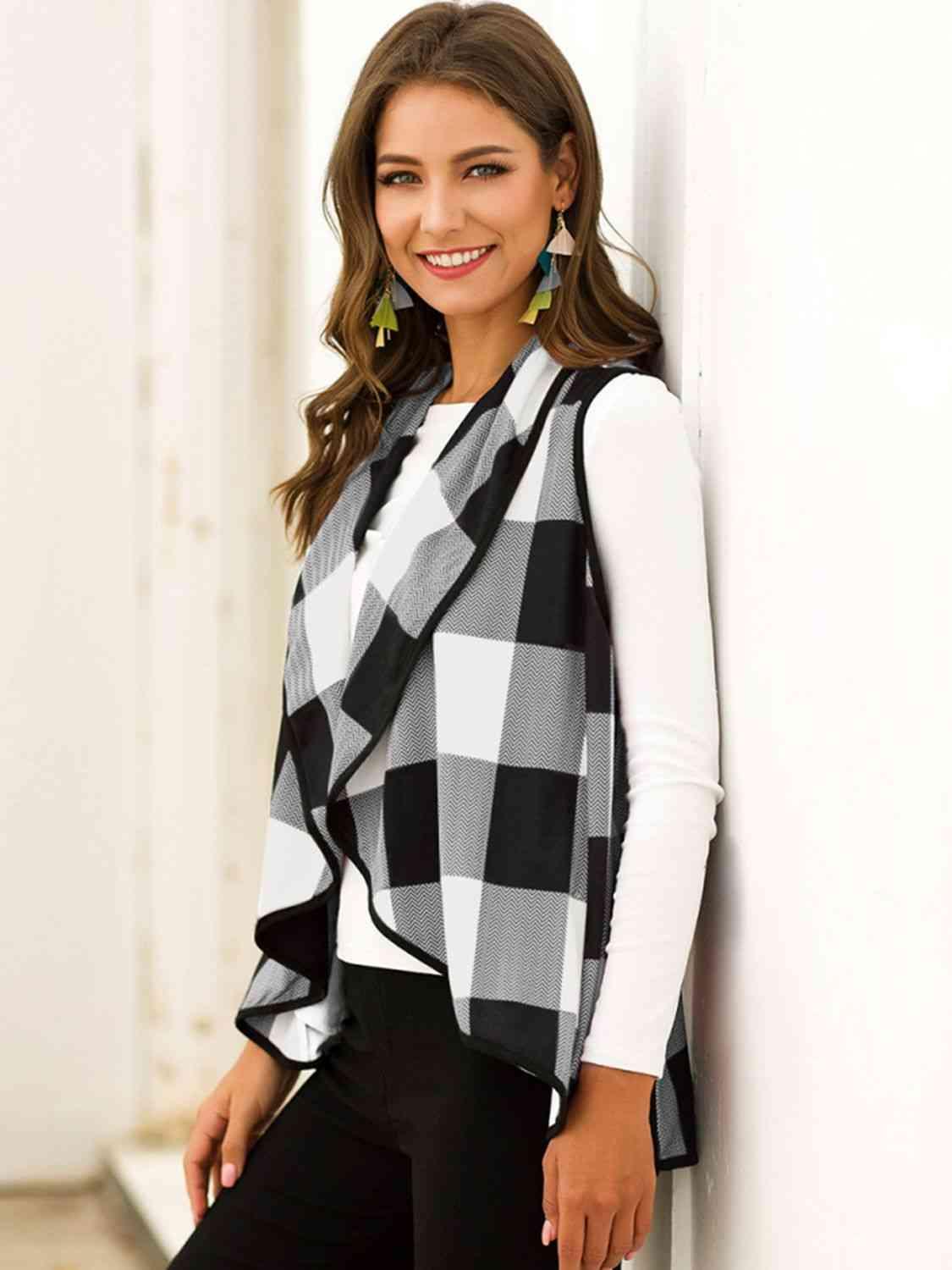 Shiny Plaid Open Front Sleeveless Cardigan - Chic Yana's Fashion